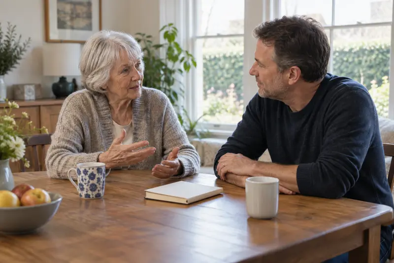 Illustrative scene of two adults discussing questions around a closed notebook at home.