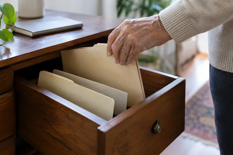 Illustrative hand placing a plain folder in a home filing drawer.