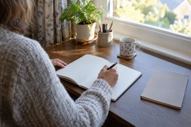 Illustrative adult holding a pencil over a blank notebook beside a closed booklet.