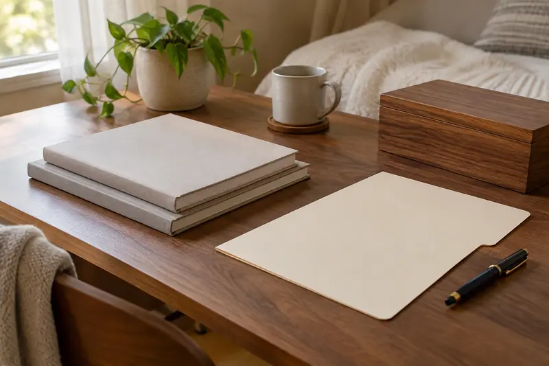 Illustrative closed manuals and blank question folder on a quiet wooden desk.