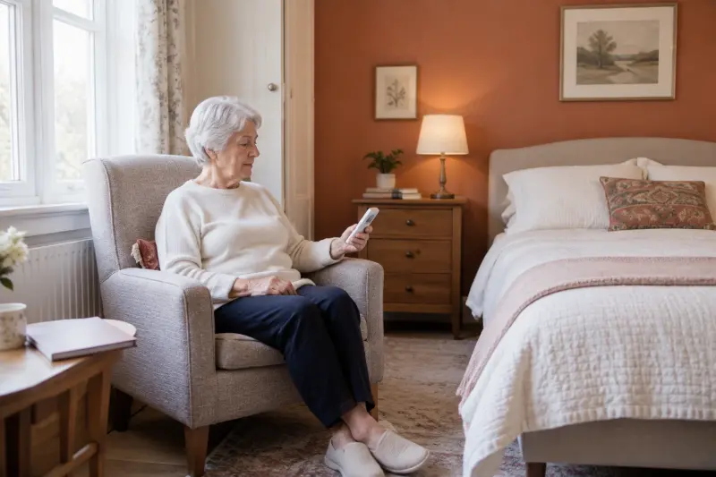 Illustrative bedroom scene of an older woman seated in an armchair looking at a generic handheld controller.