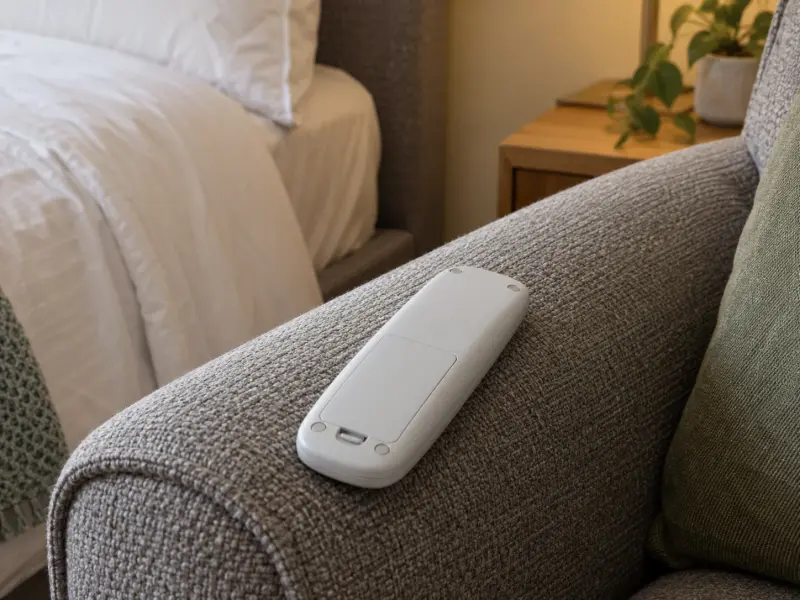 Illustrative photograph of the closed back of a plain bed controller resting on an upholstered chair arm.