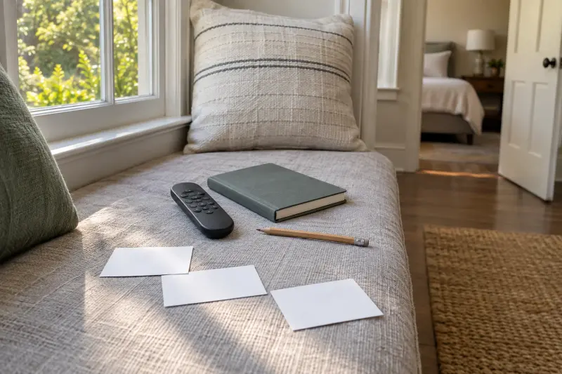 Illustrative bedroom planning scene with blank cards, a pencil, a closed notebook and a plain controller on a window seat.
