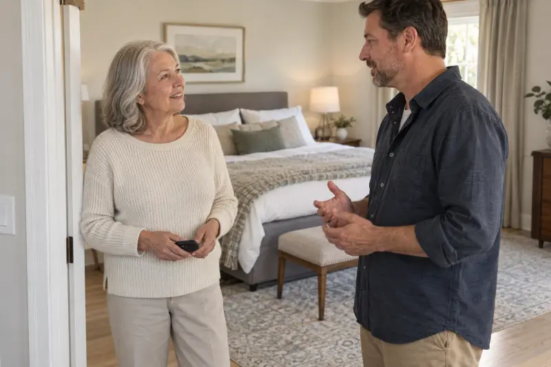 Illustrative bedroom discussion with a woman holding a plain controller and a man listening.