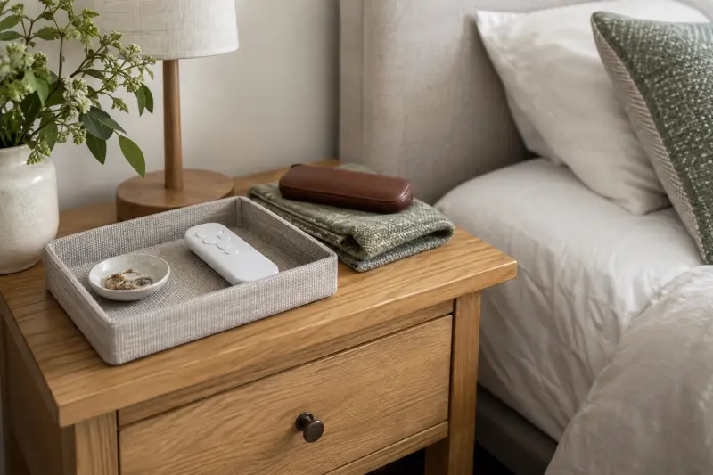 Illustrative bedside storage with a plain controller in a fabric tray on a wooden cabinet.