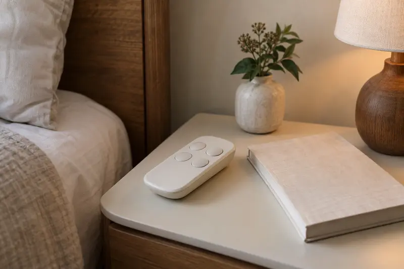 Illustrative unbranded handset with blank buttons beside a closed bedside manual.