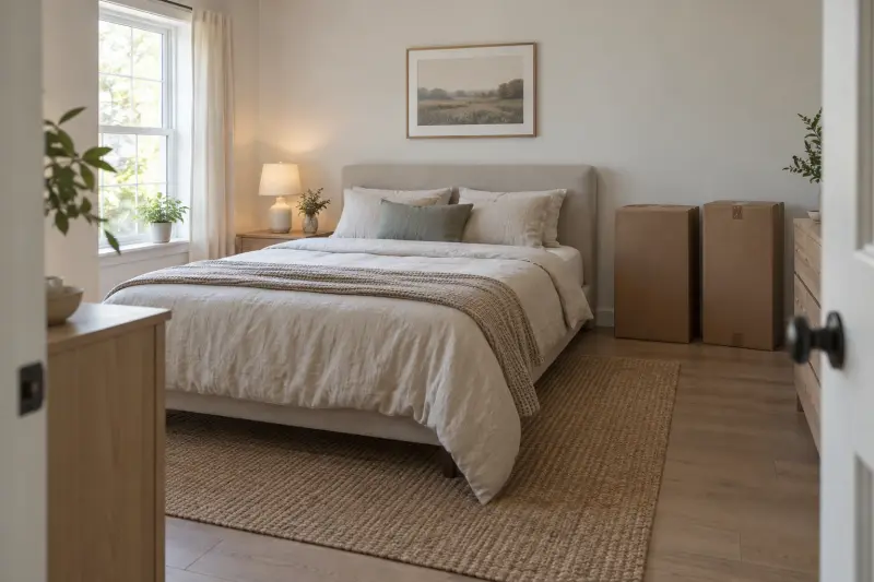 A flat bed and two unopened plain cardboard parcels in a bedroom.