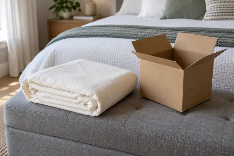 Folded ivory bedding beside an open plain cardboard box on a bedroom ottoman.