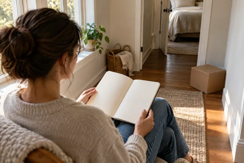 An adult holding a blank notebook near a hallway window, with a plain parcel nearby.