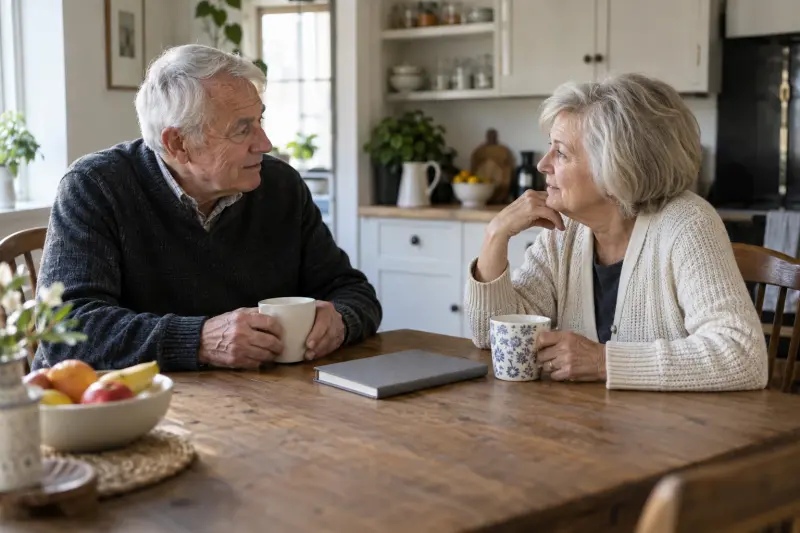 An older couple talking at a kitchen table with a plain closed booklet between them.