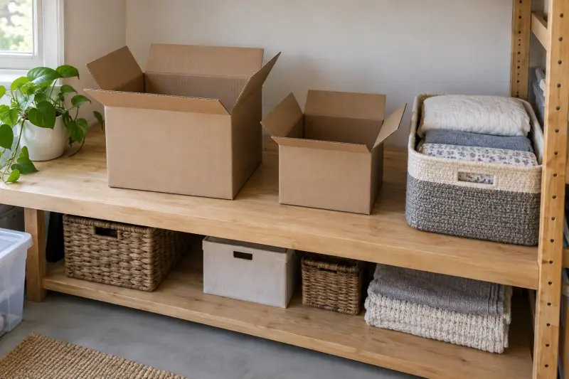 Two open plain cartons and stored bedding on a wooden storeroom shelf.