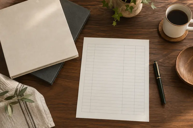 Illustrative separate plain folders and empty component ledger on a walnut desk.