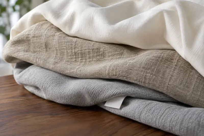 Illustrative close-up of three folded sheet fabrics with different visible textures.