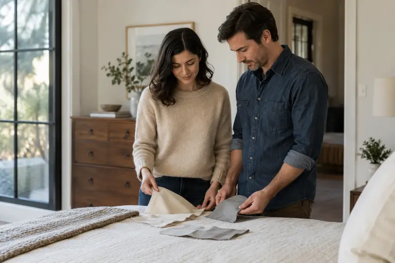 Illustrative adults looking at cloth samples beside a flat bed.