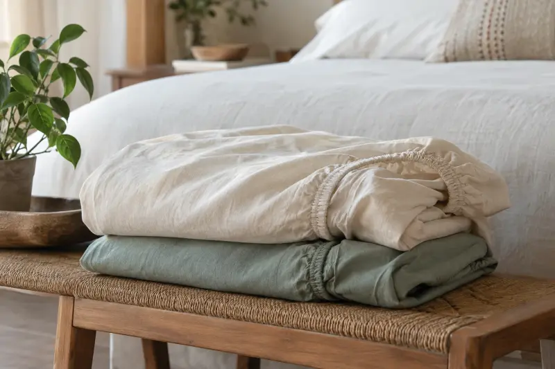 Illustrative folded fitted sheets with a visible elastic edge on a bedroom bench.