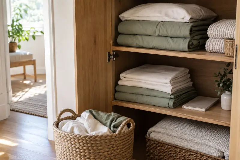 Illustrative linen cupboard with folded sheets, a plain booklet and laundry basket.