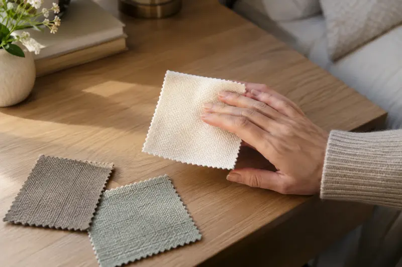 Illustrative hand touching a small cloth sample above two other swatches.