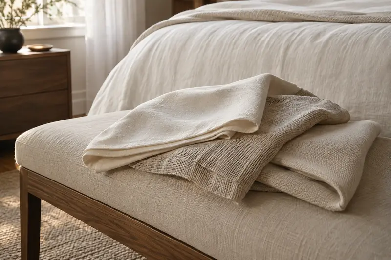 Illustrative neutral woven and knitted fabric samples on a bench beside a bed.