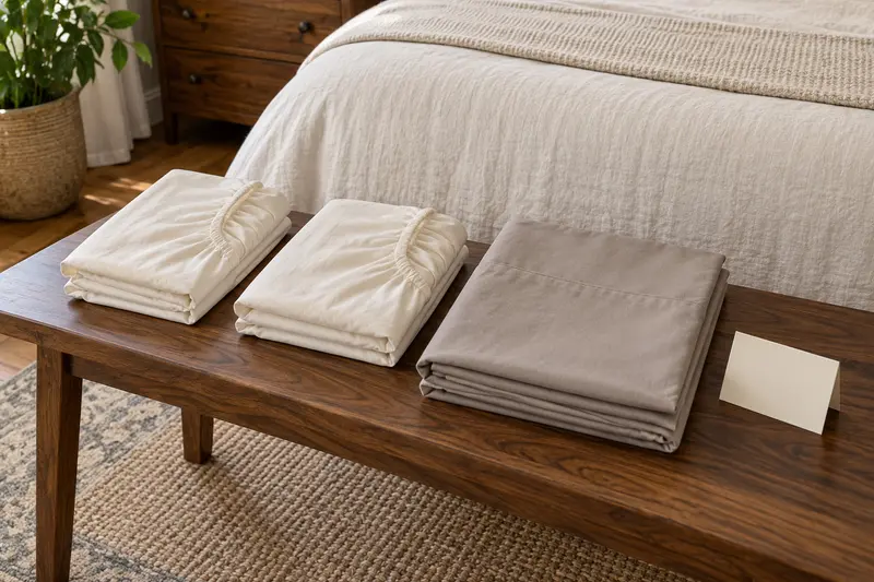 Two folded fitted sheets and a taupe flat sheet beside a blank card on a walnut bench.