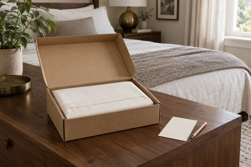 Folded ivory sheet in a plain open box beside a blank card and pencil on walnut.