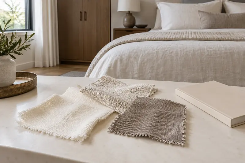 Three neutral fabric samples with different textures beside a closed plain booklet.