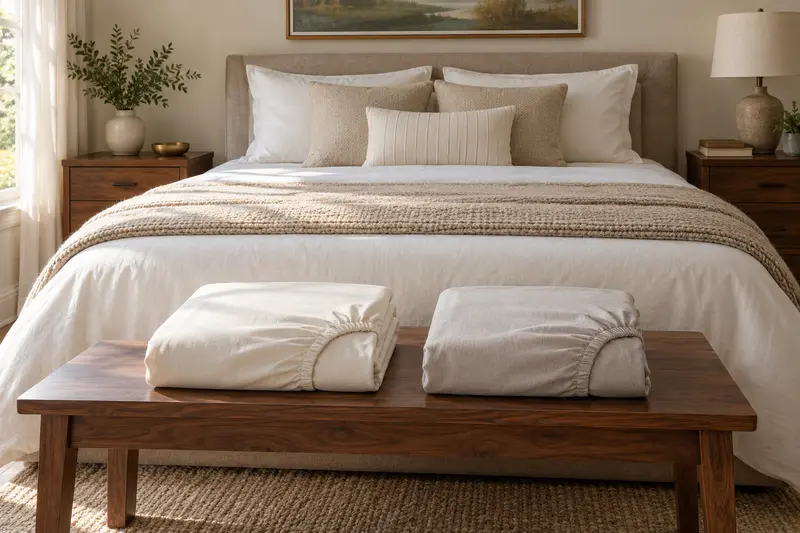 Two folded fitted sheets on a walnut bench at the foot of a neutral bed.