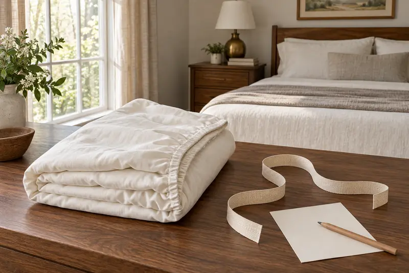 Folded ivory fitted sheet beside an unmarked cloth tape, blank card and pencil.