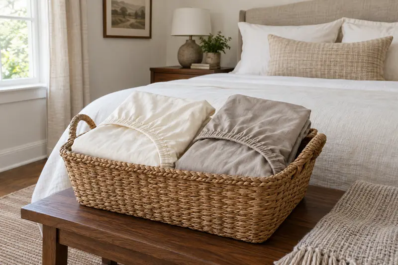 Two folded fitted sheets in a woven laundry basket on a walnut bench beside a bed.