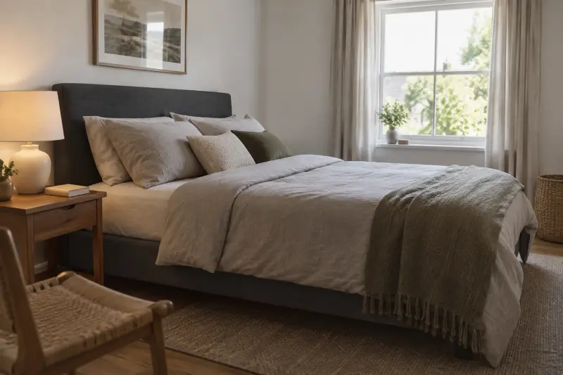 A flat bed with grey linen and a plain closed booklet on the bedside table.
