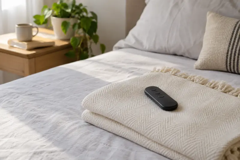 An unbranded remote with unmarked buttons resting on a folded cotton blanket.