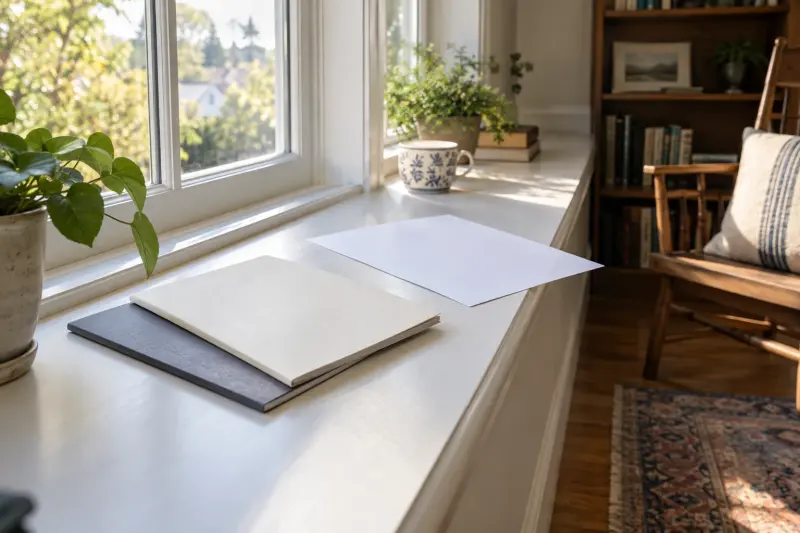 Two plain closed booklets and a blank sheet on a study window ledge.