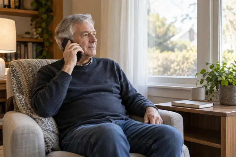 A grey-haired adult seated by a window holding a phone to his ear.