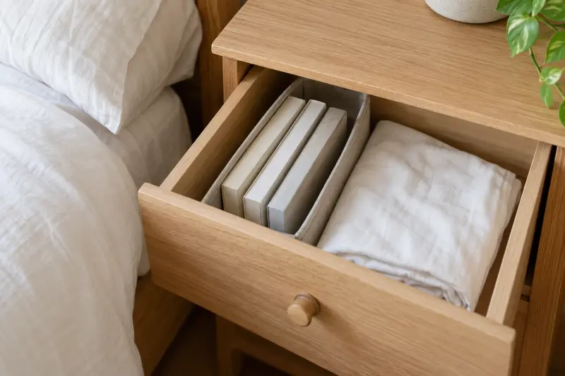 Plain booklets and a folded pillowcase stored in an open bedside drawer.