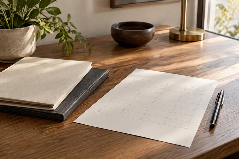 Illustrative plain document folders and blank component comparison grid on a desk.