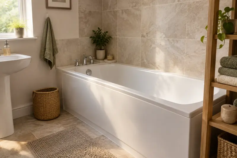 Illustrative empty bathtub with folded towels on a separate bathroom shelf.