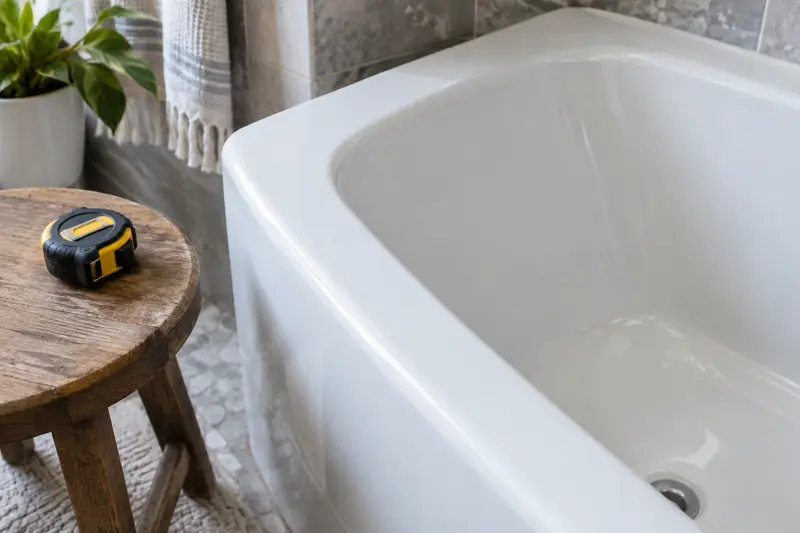 Illustrative dry bath rim beside a separate stool holding a closed tape measure.