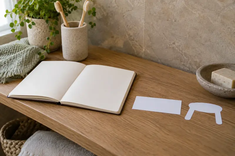 Illustrative blank notebook beside simple paper silhouettes of a board and low seat.