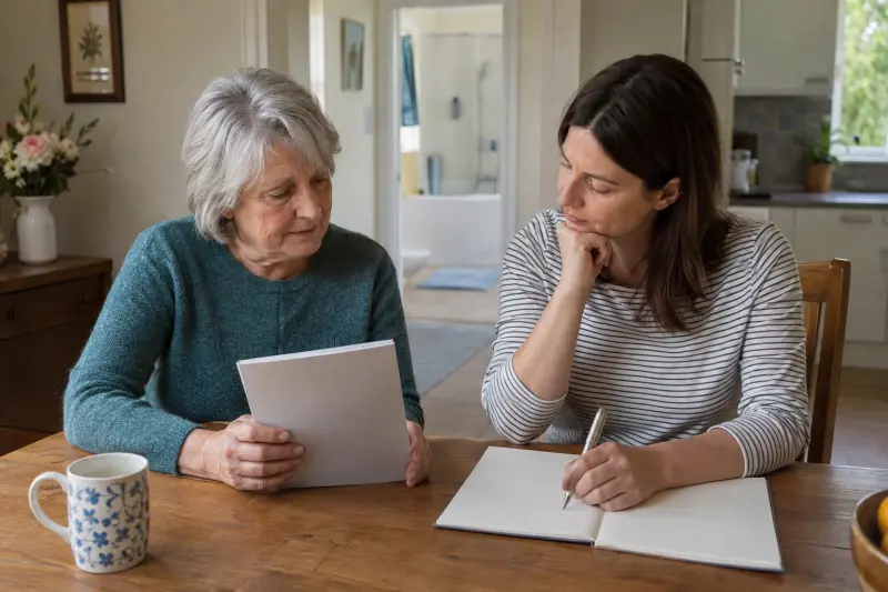 Illustrative adults discussing a booklet and notebook at a home table.