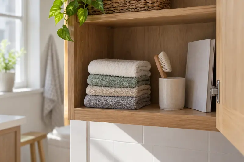 Illustrative bathroom cupboard with dry washcloths, a soft brush and a closed booklet.