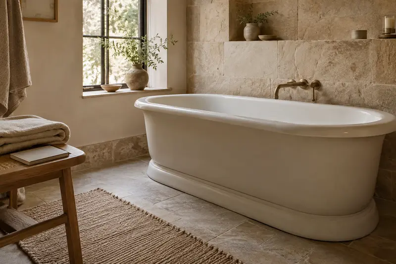 Illustrative empty traditional bathtub with a towel and notebook beside it.