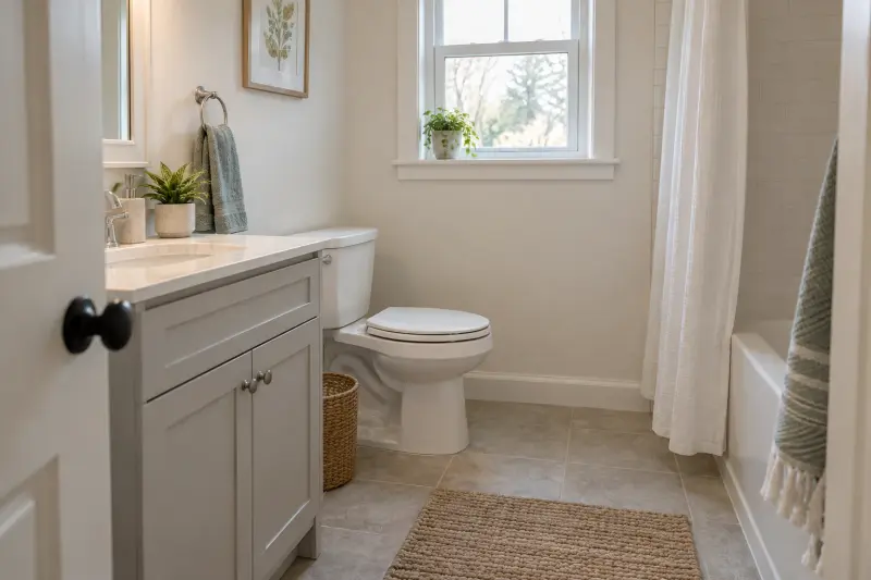 Illustrative doorway view of an ordinary bathroom with a vanity, toilet, curtained bath and dry floor.