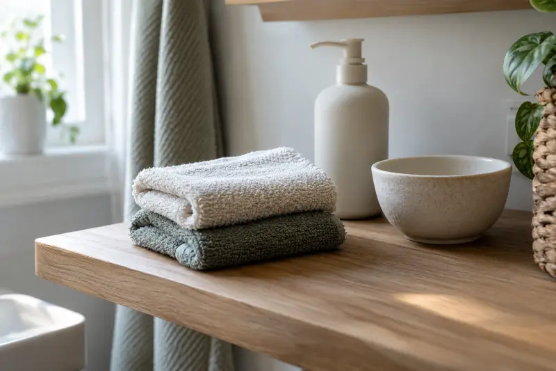 Illustrative washing items on a wooden shelf: folded washcloths, an unlabelled bottle and a ceramic bowl.