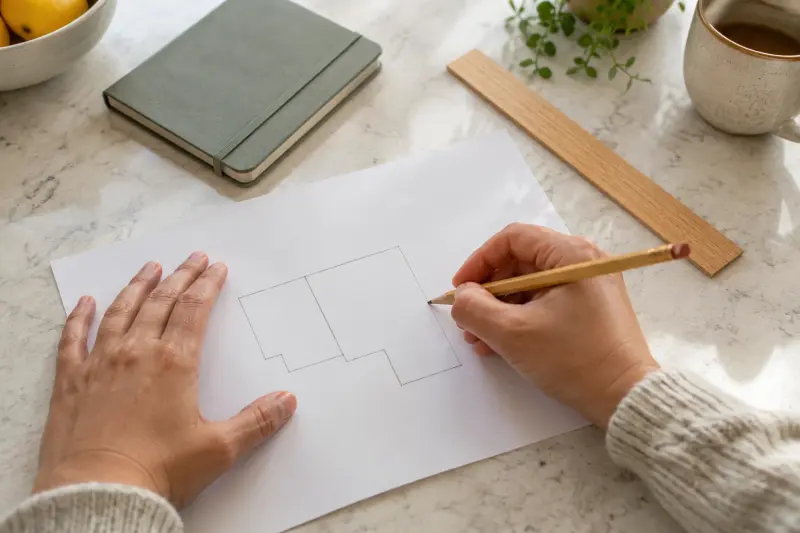Illustrative preparation sketch with simple room outlines, a pencil and an unmarked ruler on a kitchen surface.
