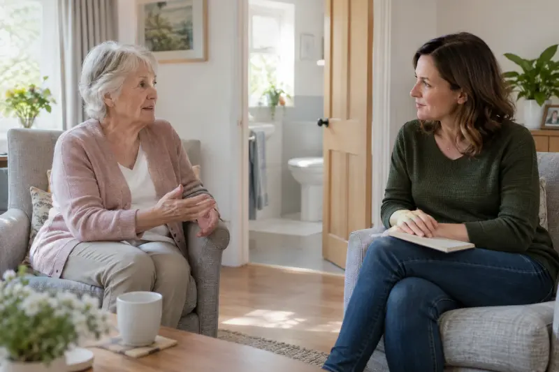 Illustrative home conversation near a bathroom, with an older woman speaking and another woman listening with a closed notebook.