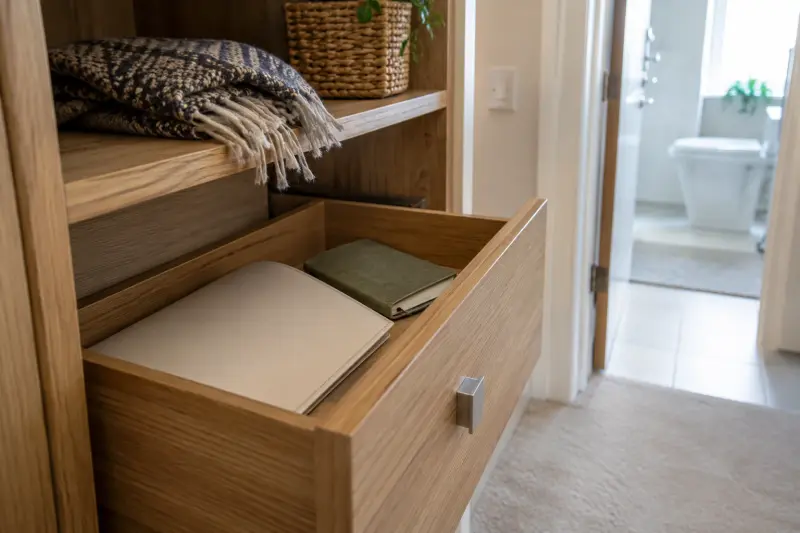 Illustrative hallway drawer storing a closed document wallet and notebook near a bathroom.