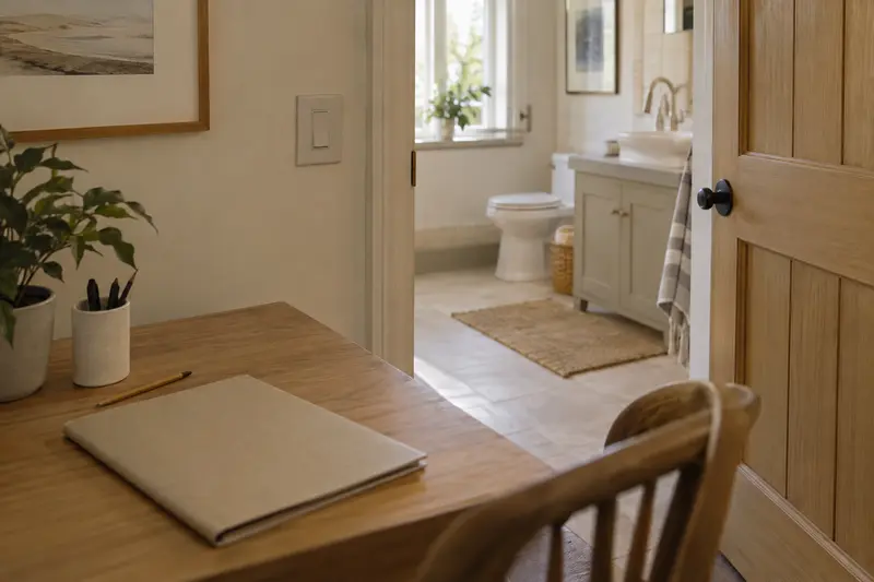 Illustrative closed planning folder on a desk beside an ordinary bathroom doorway.