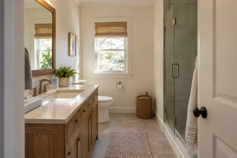 Daylight in an ordinary bathroom viewed from its doorway.