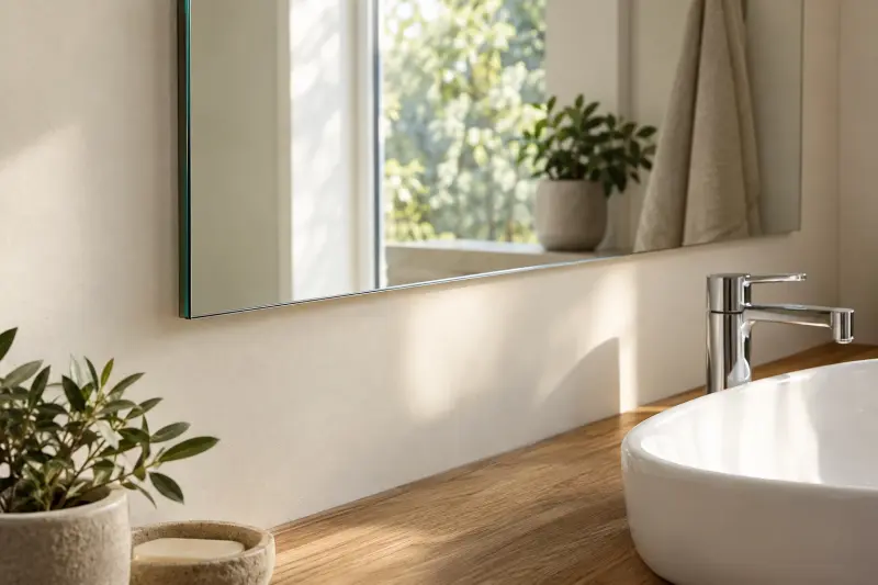 Daylight reflected beside a bathroom mirror and basin.