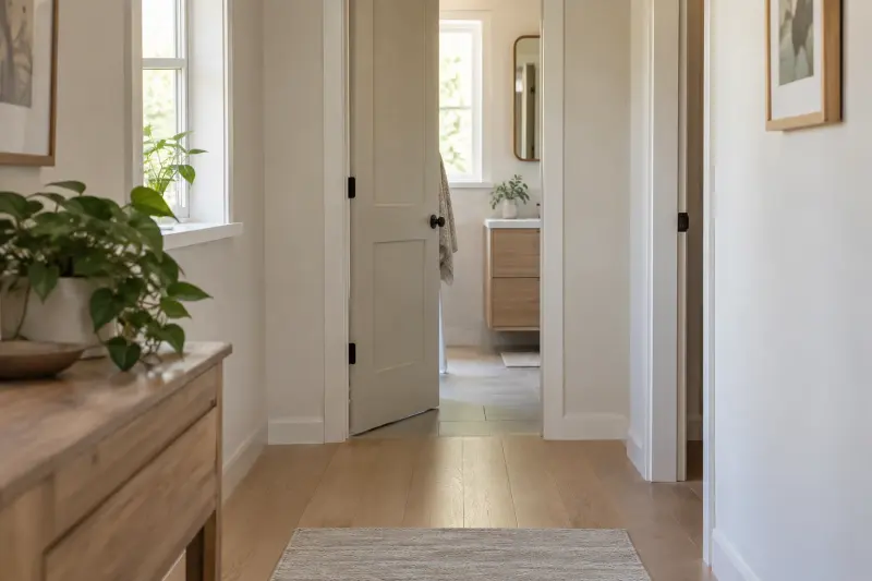 A sunlit hallway leading to an open bathroom door.