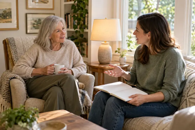 Two adults talking in a reading nook with a blank notebook.